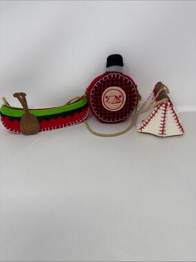 FELT CLOTH CHRISTMAS ORNAMENT LOT OF 3 CANOE TEEPEE CANTEEN CAMPING OUTDOOR